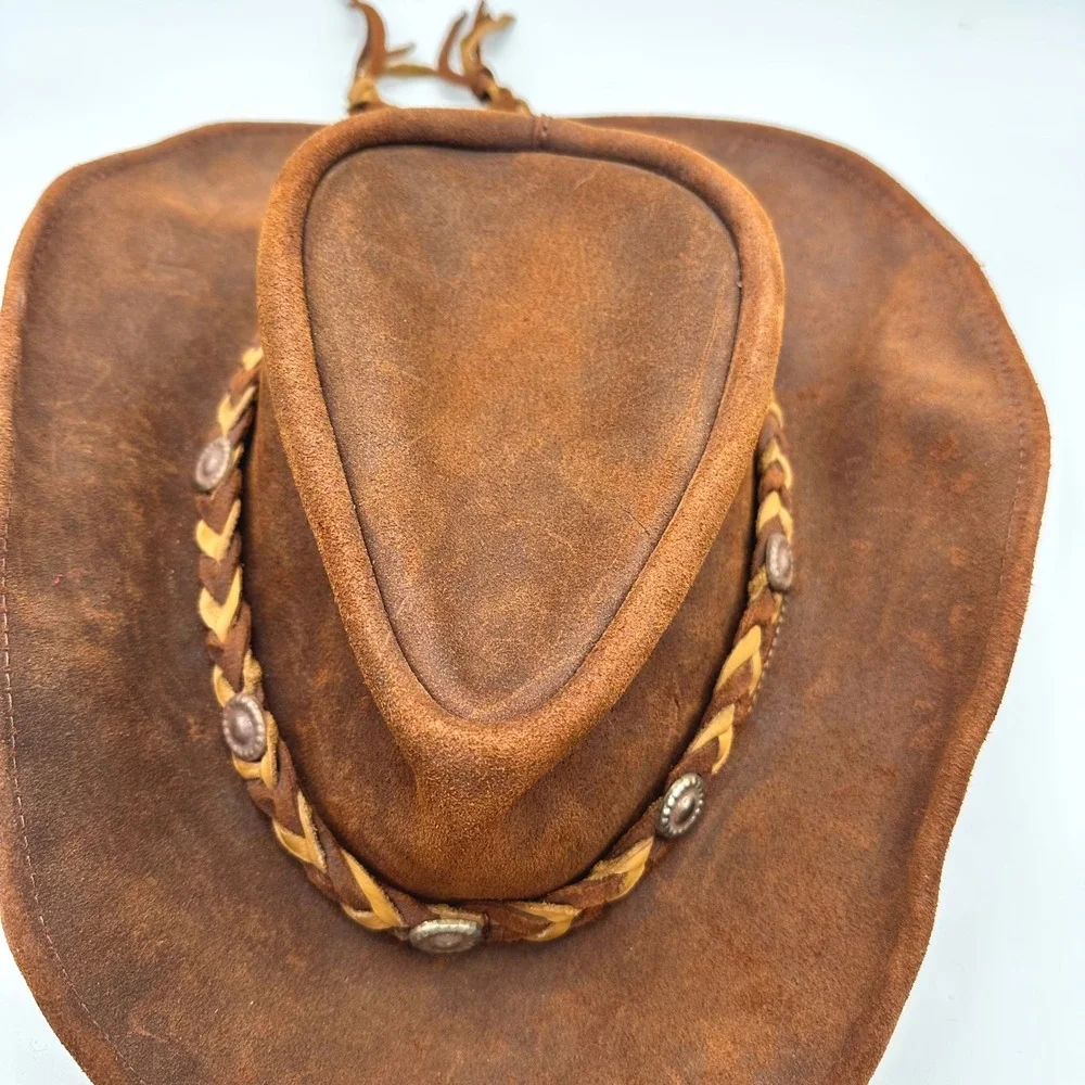 Vintage Brown Suede Leather Cowboy Hat Braided Band Concho Western Mexico Hat L